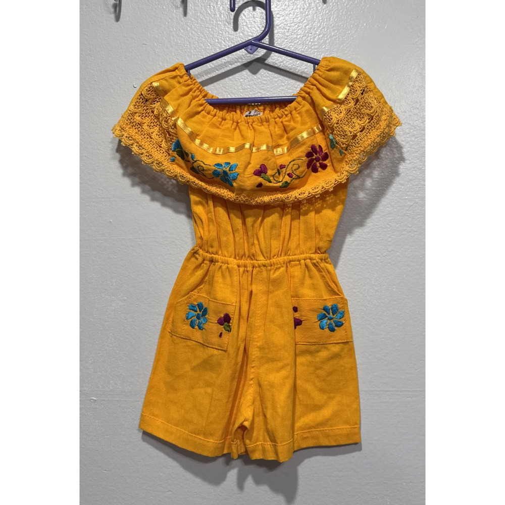 Mexican Embroidered Floral Romper Girls Size 2 Orange Off Shoulder Folk Art